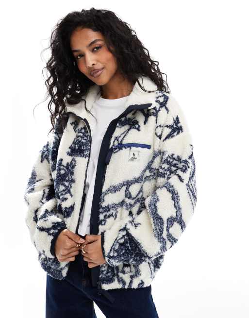 Polo Ralph Lauren – Kremowa polarowa kurtka z granatowym żakardowym wzorem