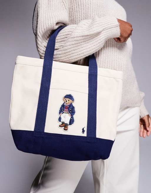 Polo Ralph Lauren Kremowo granatowa torba typu tote z logo z misiem