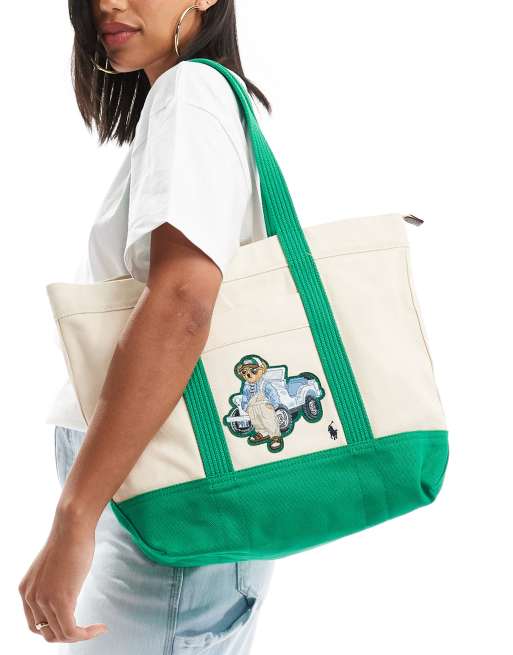 Polo Ralph Lauren – Kremowo-zielona torba typu tote z logo z motywem misia
