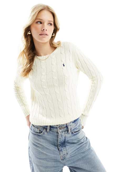 Polo Ralph Lauren – Kremowy sweter z dzianiny o warkoczowym splocie z okrągłym dekoltem i logo