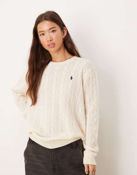 Polo Ralph Lauren icon logo crew neck rich wool cable knit jumper in cream