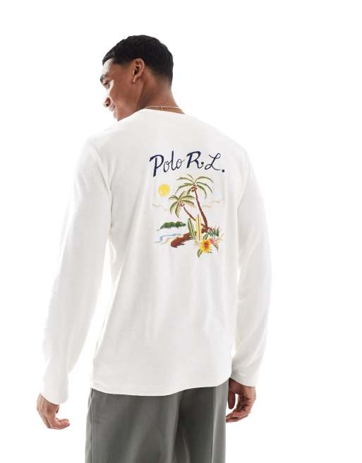 Polo Ralph Lauren – Kremowy T-shirt z długimi rękawami z materiału frotté z haftowanym logo z tyłu