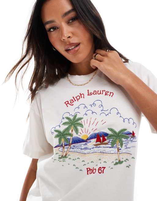 Polo Ralph Lauren – Kremowy T-shirt z logo z palmą na piersi