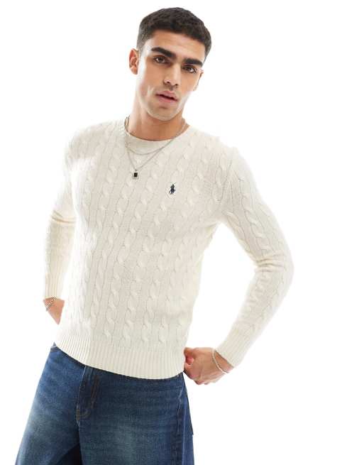 Polo Ralph Lauren – Kremowy wełniany sweter z dzianiny o warkoczowym splocie z logo