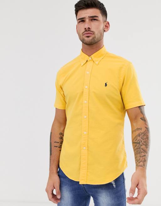 Polo Ralph Lauren – Kurzärmeliges, gelbes Oxford-Hemd in Slim Fit mit Knopfverschluss und Player-Logo