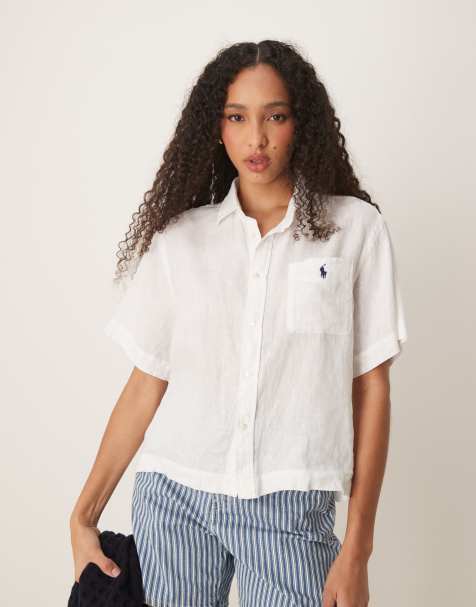 Polo Ralph Lauren – Kurzärmlige Cropped Hemdbluse aus Leinen in Weiß - view 1