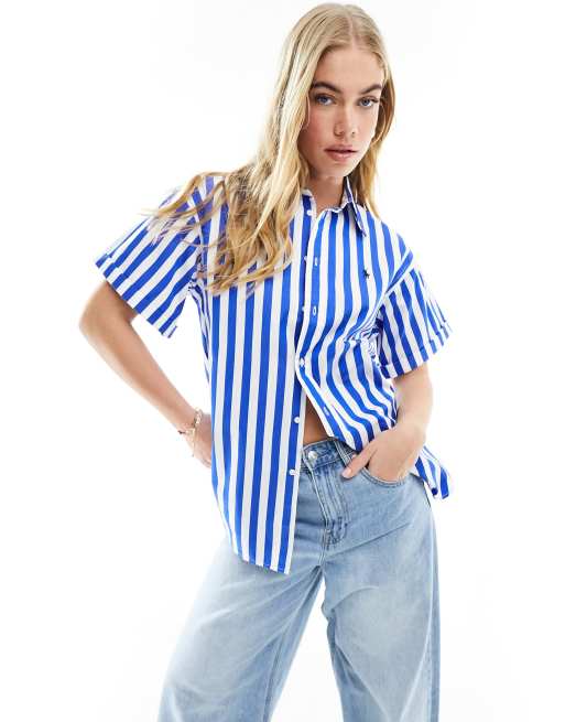 Polo Ralph Lauren – Kurzärmlige Hemdbluse in gestreiftem Blau mit Logo