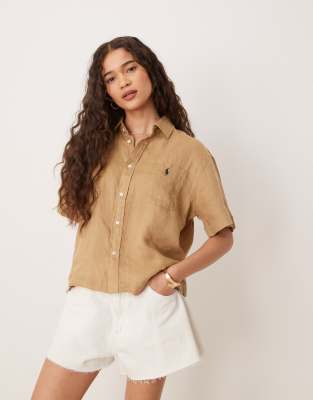 Polo Ralph Lauren - Kurzärmlige, kastige Cropped Hemdbluse aus Leinen in Hellbraun