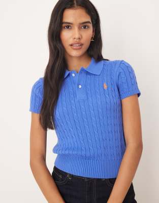 Polo Ralph Lauren - Kurzärmliger Cropped-Strickpullover in Blau mit Zopfmuster