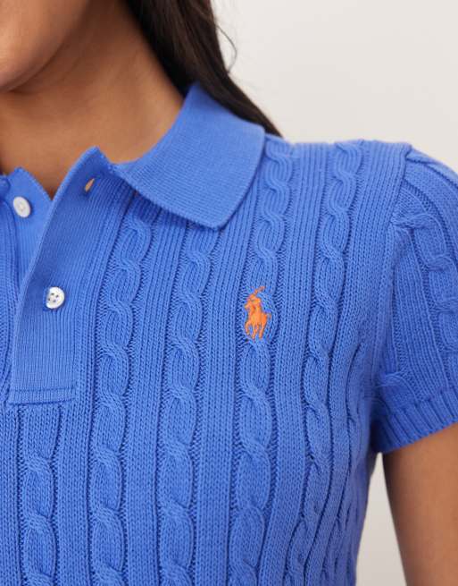 Polo Ralph Lauren – Kurzärmliger Cropped-Strickpullover in Blau mit Zopfmuster, 3 von 4