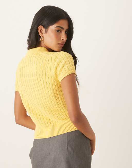 Polo Ralph Lauren – Kurzärmliger Cropped-Strickpullover in Gelb mit Zopfmuster, 2 von 4
