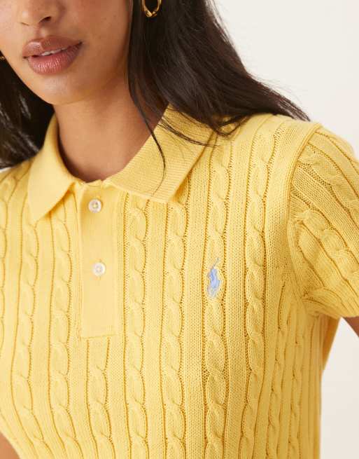 Polo Ralph Lauren – Kurzärmliger Cropped-Strickpullover in Gelb mit Zopfmuster, 4 von 4