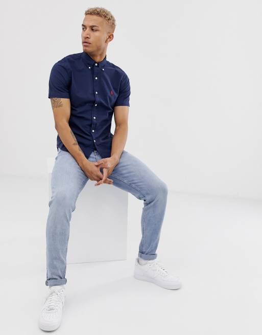 Polo Ralph Lauren – Kurzärmliges, enges Batikhemd mit Button-down-Kragen in Marineblau, 4 von 4