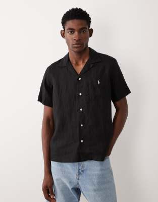 Polo - Kurzärmliges Hemd aus Leinen in Schwarz mit Logo Schwarz S