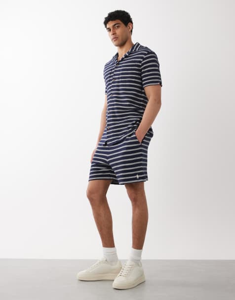 Polo Ralph Lauren – Kurzärmliges Hemd und Shorts aus Strick mit Streifen in Marineblau und Cremeweiß - view 1