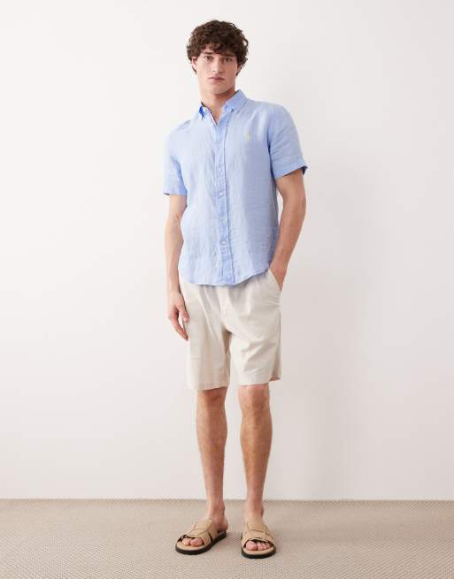 Polo Ralph Lauren – Kurzärmliges Leinenhemd in Blau mit Markenlogo, 3 von 5