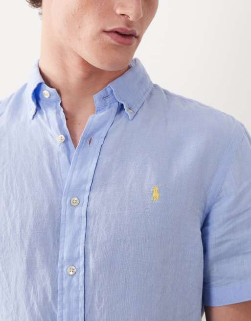 Polo Ralph Lauren – Kurzärmliges Leinenhemd in Blau mit Markenlogo, 5 von 5