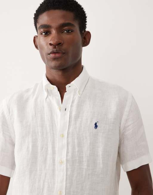 Polo Ralph Lauren – Kurzärmliges Leinenhemd in Weiß mit Markenlogo, 5 von 5
