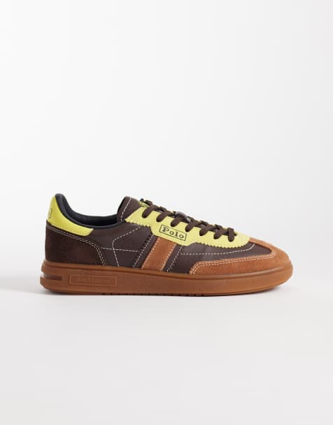 Polo Ralph Lauren lace up trainers in brown and yellow - view 1