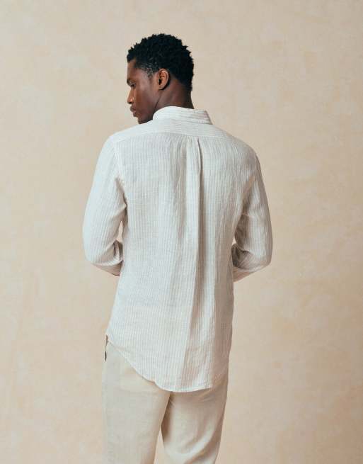 Polo Ralph Lauren – Langärmliges, gestreiftes Hemd aus Leinen in Beige und Weiß mit Markenlogo, 2 von 5