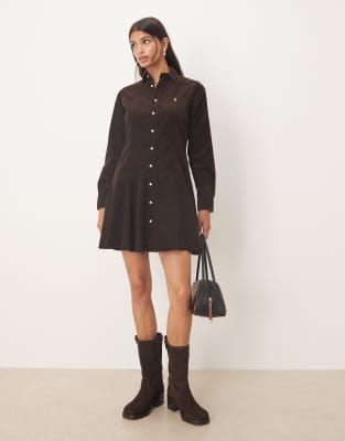 Polo Ralph Lauren - Langärmliges Kleid i Braun mit Knopfleiste vorne und ragen-Brown