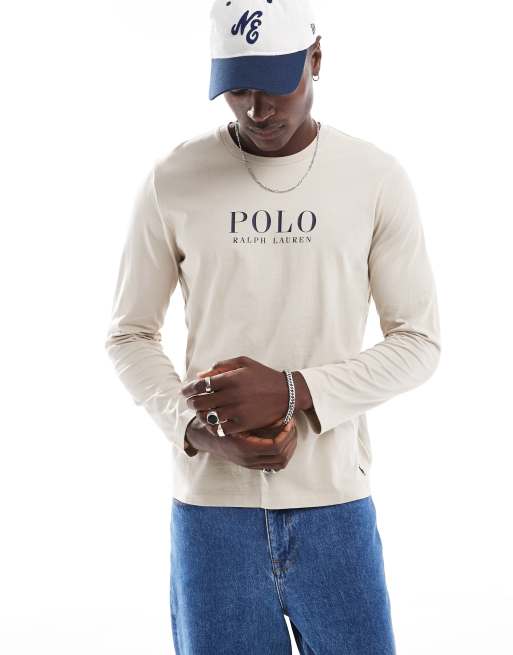 Polo Ralph Lauren – Langärmliges Lounge-Shirt in Cremeweiß mit Schriftzug-Logo auf der Brust