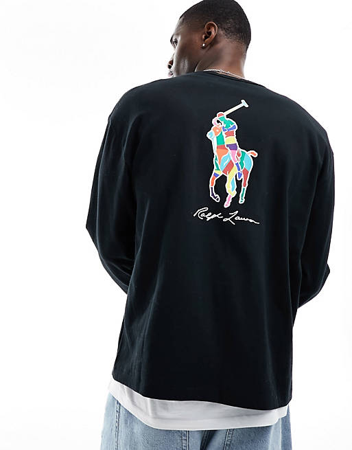 Polo Ralph Lauren – Langärmliges Oversize-Oberteil in Schwarz mit buntem  Polospieler-Logoprint am Rücken | ASOS