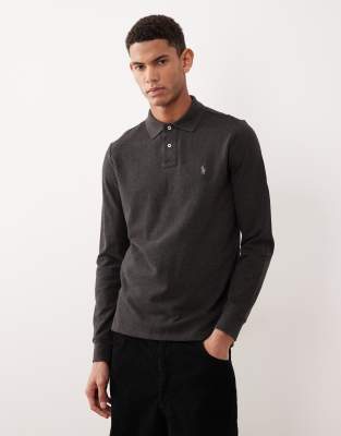 Polo Ralph Lauren - Langärmliges Pikee-Polohemd in meliertem Anthrazit mit Custom-Fit und Markenlogo-Grau