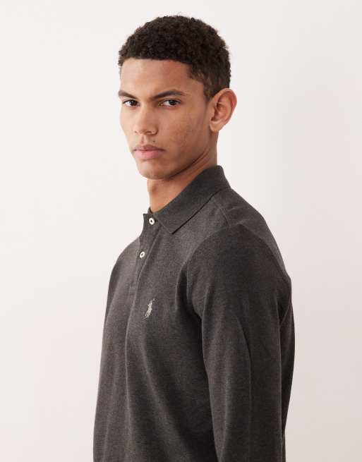 Polo Ralph Lauren – Langärmliges Pikee-Polohemd in meliertem Anthrazit mit Custom-Fit und Markenlogo, 4 von 5