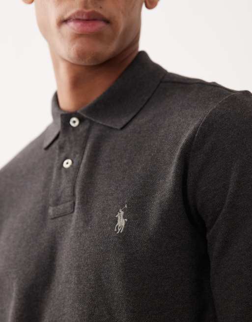 Polo Ralph Lauren – Langärmliges Pikee-Polohemd in meliertem Anthrazit mit Custom-Fit und Markenlogo, 5 von 5