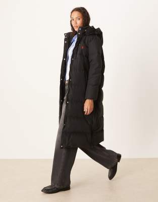 Polo Ralph Lauren - Lange Pufferjacke in Schwarz mit Markenlogo und Kapuze