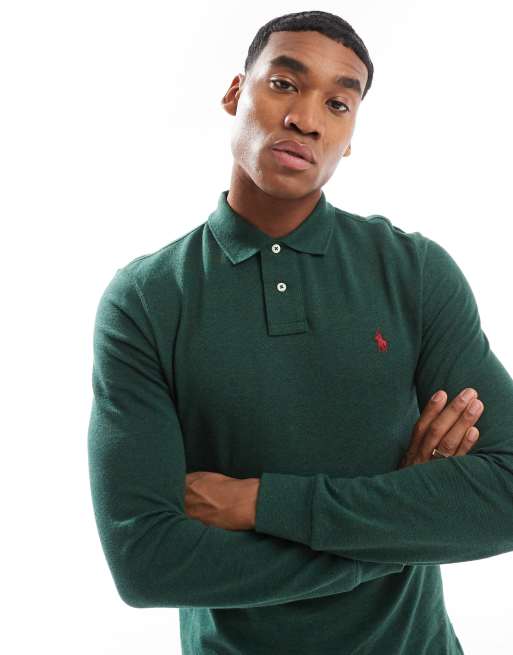 Polo Ralph Lauren - Langærmet mørkegrønmeleret slim fit-polo i piqué med ikonlogo