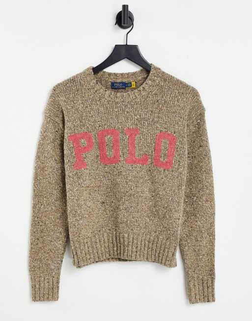 Polo Ralph Lauren - Langærmet strikket trøje med collegelogo i tan