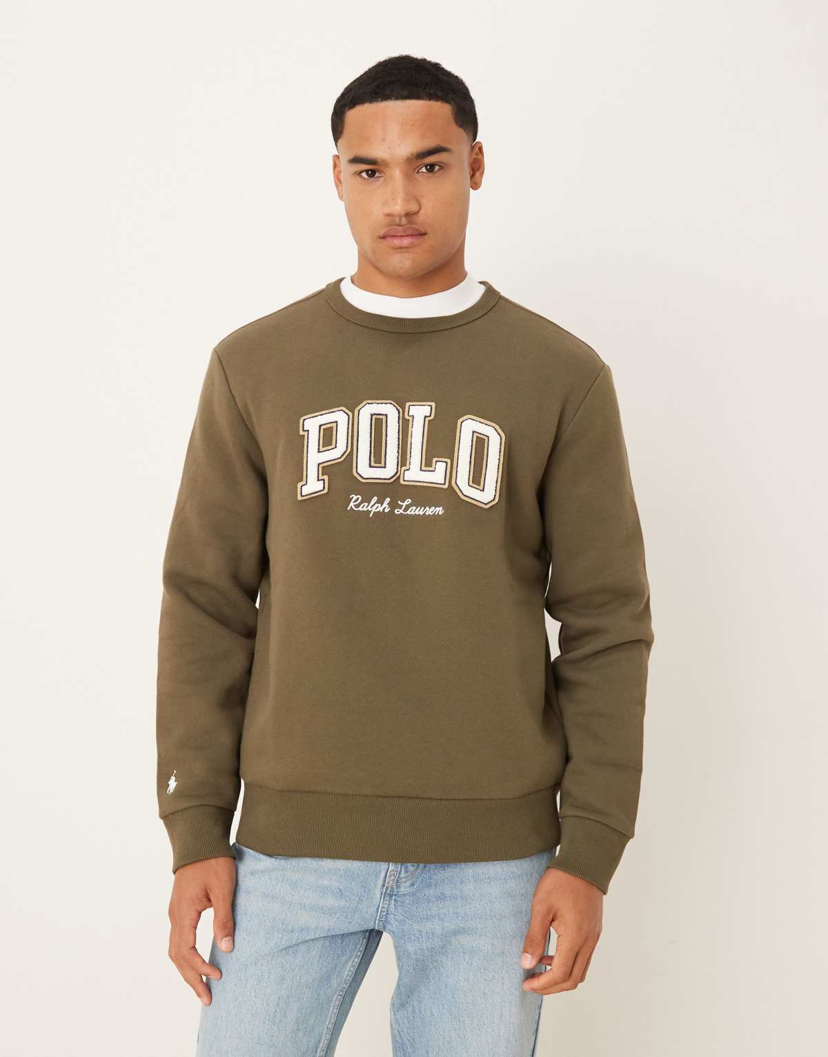 Polo Ralph Lauren large collegiate script logo fleece sweatshirt in olive green