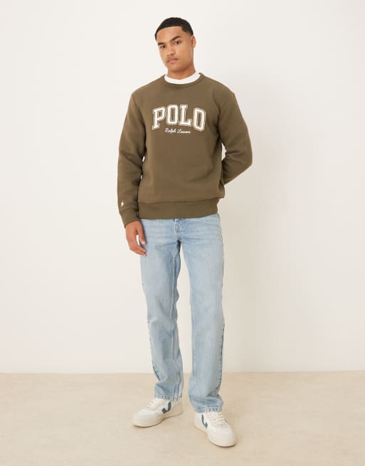 Polo Ralph Lauren large collegiate script logo fleece sweatshirt in olive green, 2 of 5