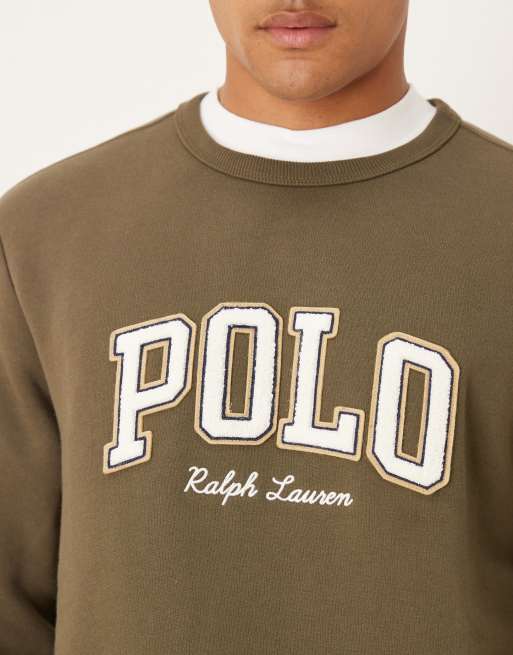 Polo Ralph Lauren large collegiate script logo fleece sweatshirt in olive green, 5 of 5