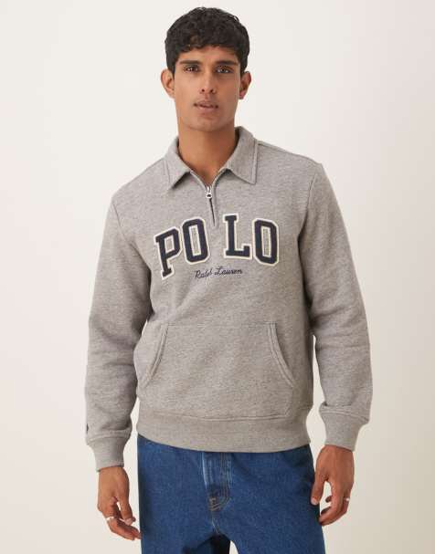 Polo Ralph Lauren large collegiate script logo half zip sweatshirt in dark grey marl - view 1