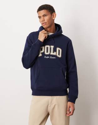 Polo Ralph Lauren large collegiate script logo hoodie in navy | ASOS