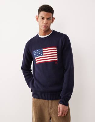 Polo Ralph Lauren Men's Navy Large Flag Cotton Cable Knit Jumper In