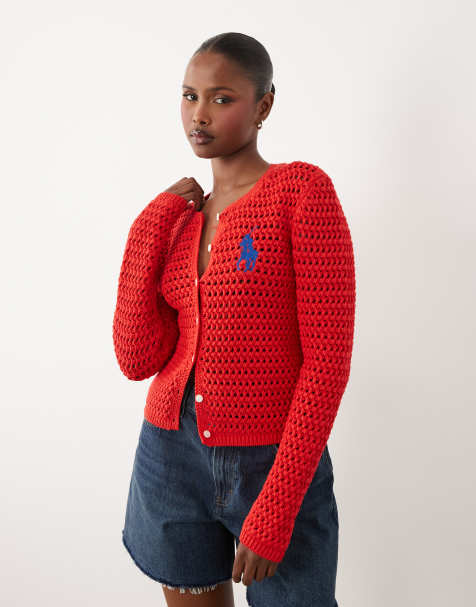 Polo Ralph Lauren large icon logo button through cardigan in red - view 1