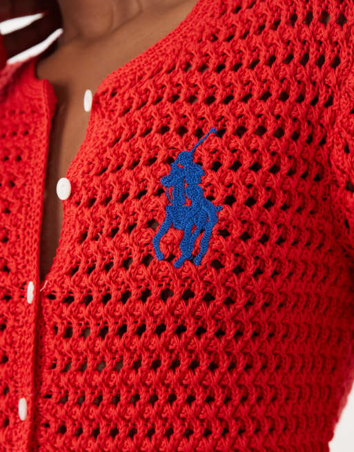 Polo Ralph Lauren large icon logo button through cardigan in red, 4 of 4