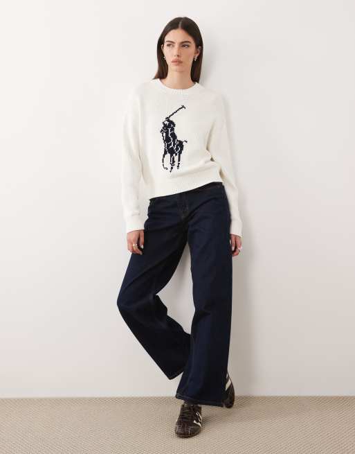 Polo Ralph Lauren large icon logo cotton knit jumper in white, 2 of 4