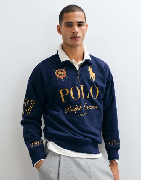 Polo Ralph Lauren large logo half zip sweatshirt with gold detail in navy - view 1