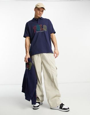 Polo Ralph Lauren large multi logo oversized fit pique polo in navy