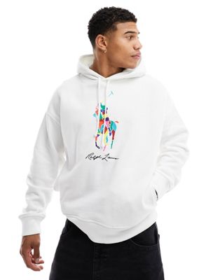 Polo Ralph Lauren large multi player print hoodie oversized fit in white