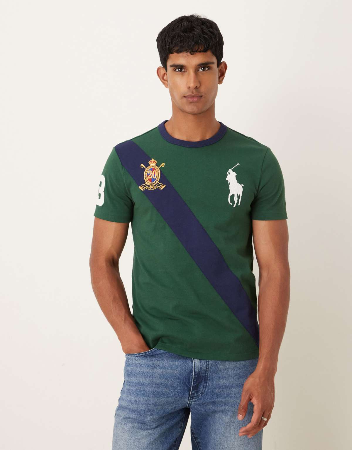 Polo Ralph Lauren large player logo diagonal stripe heavyweight t-shirt in dark green/navy