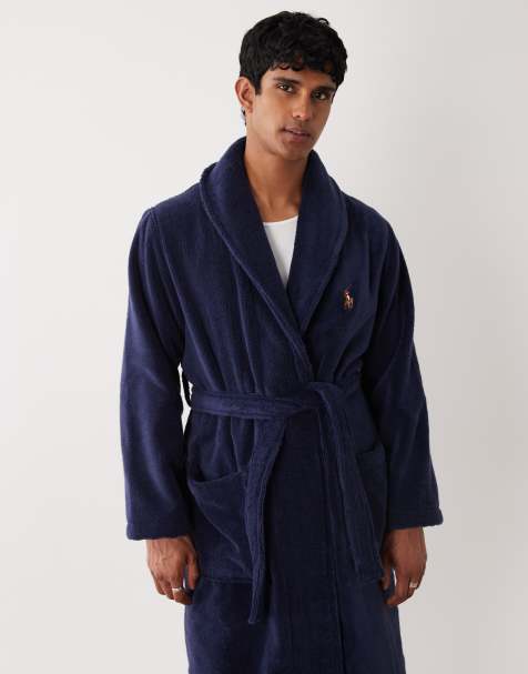 Polo Ralph Lauren large script logo embroidered cotton terry robe in cruise navy - view 1