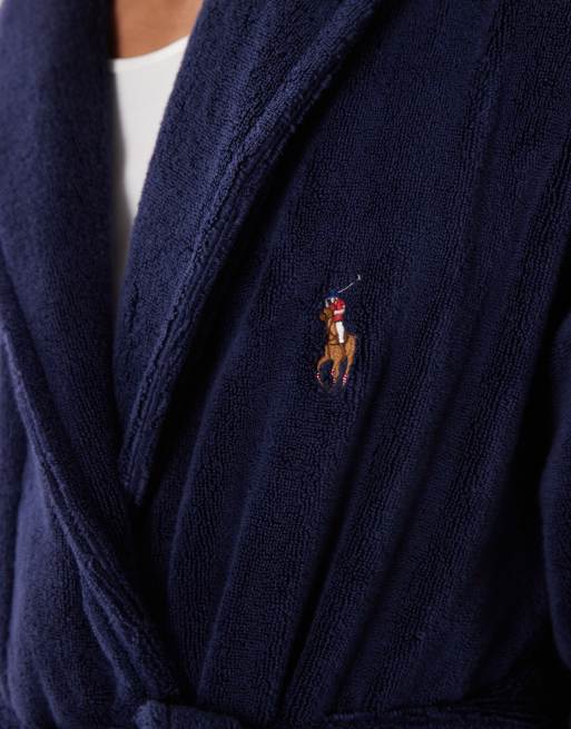 Polo Ralph Lauren large script logo embroidered cotton terry robe in cruise navy, 3 of 5