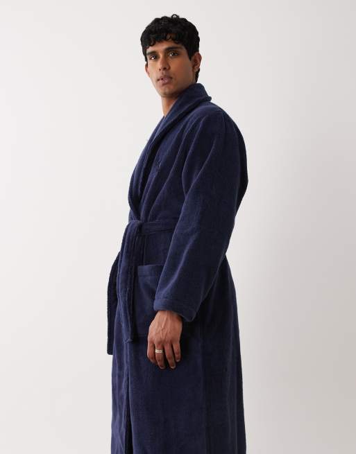 Polo Ralph Lauren large script logo embroidered cotton terry robe in cruise navy, 4 of 5