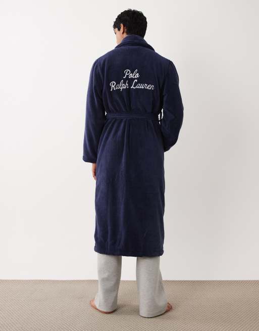 Polo Ralph Lauren large script logo embroidered cotton terry robe in cruise navy, 5 of 5